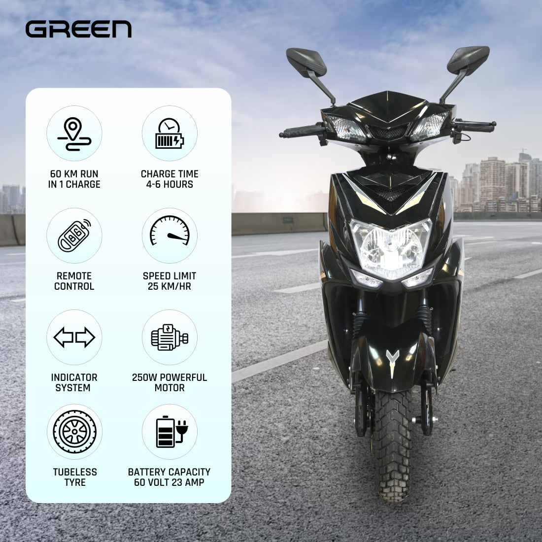 Green Invicta 60kms Range Electric Scooter