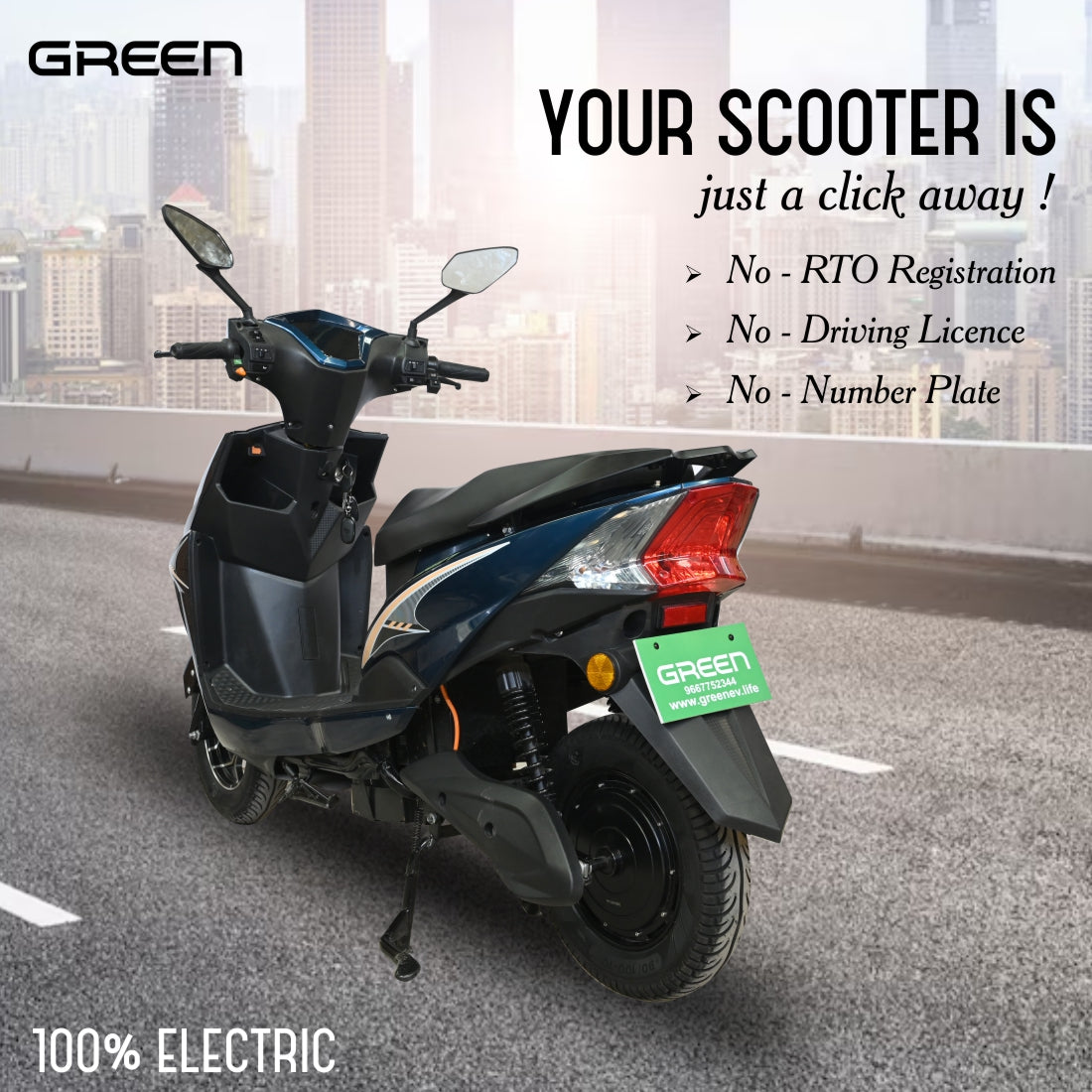 Green Invicta 80kms Range Electric Scooter