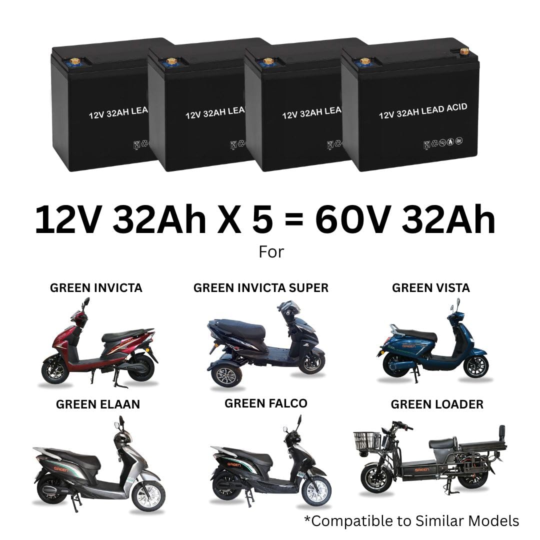 60V 32AH Lead Acid Battery for Green Invicta & Invicta Super Vista Elaan Falco Loader Electric Scooter (Pack of 5 Battery)