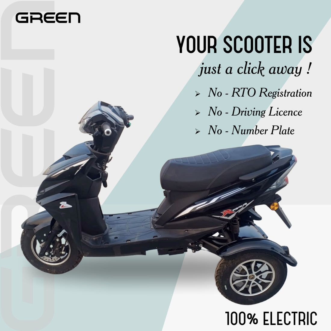 Green Invicta Super 80kms Range Three Wheel Electric Scooter